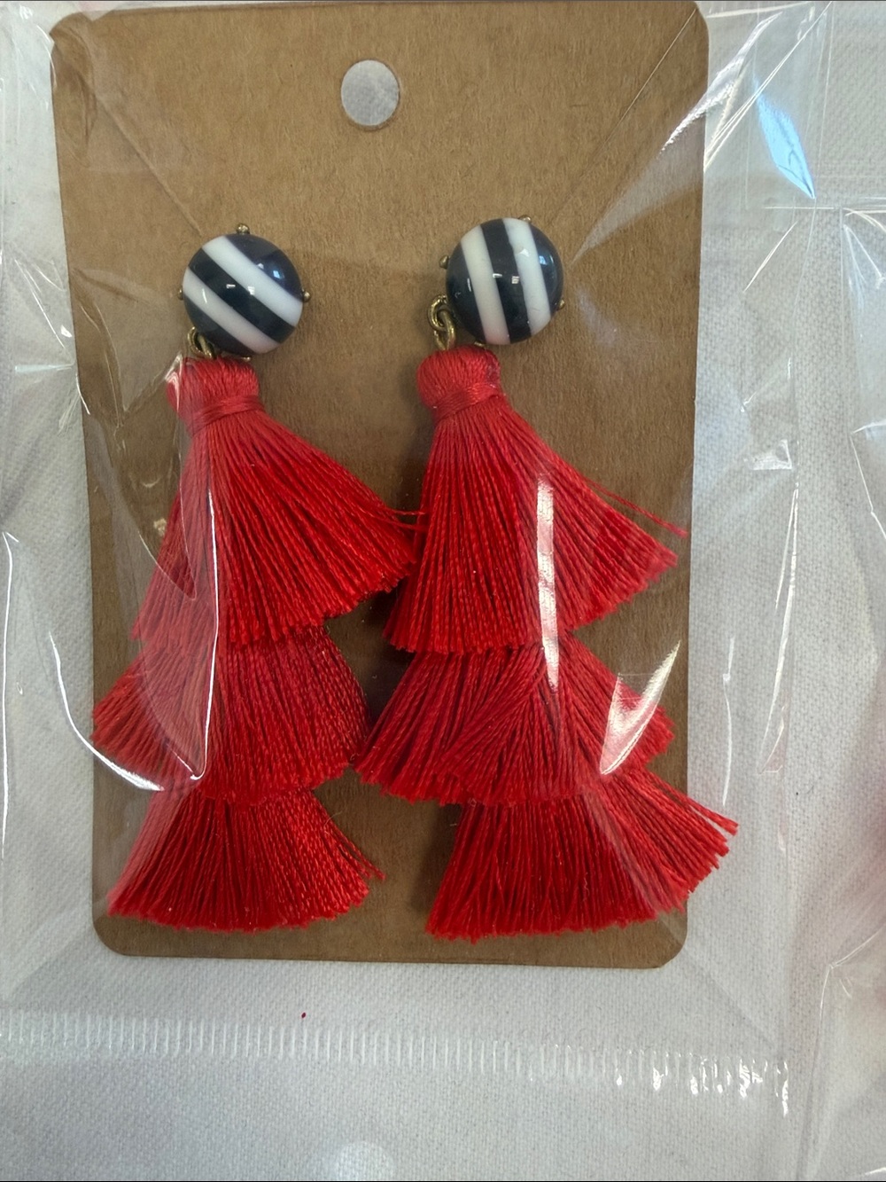 BaubleBar Red Tiered Tassel Earrings with Navy and White Striped Studs
